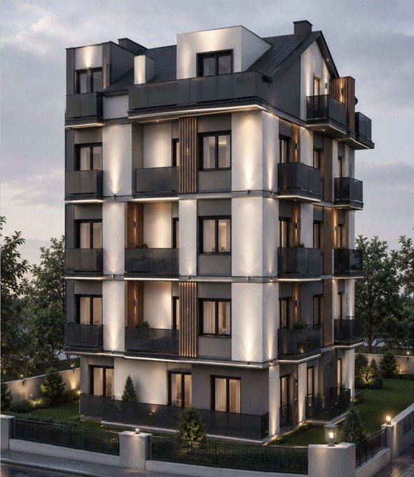 Kuruçeşme konut projesi, akşam ışığında modern apartman cephesi